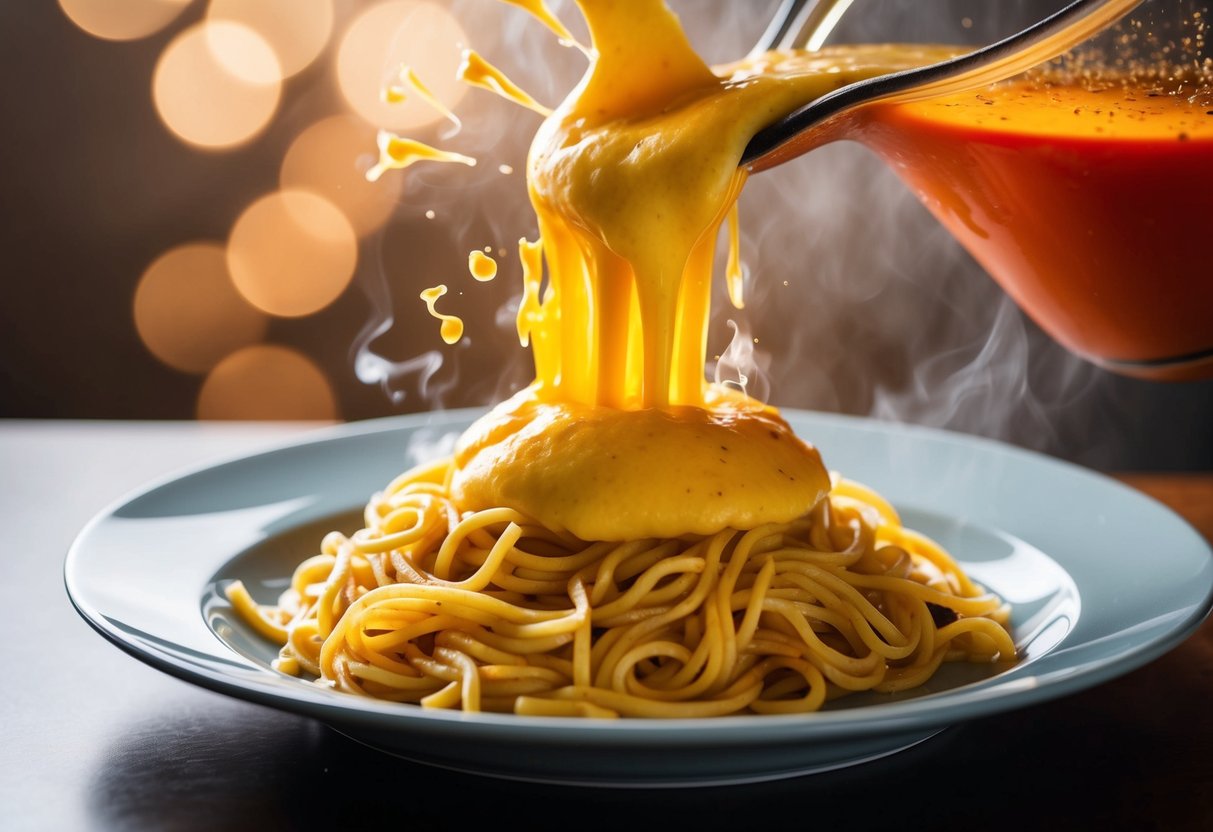A bubbling volcano spewing cheese onto a plate of steaming noodles