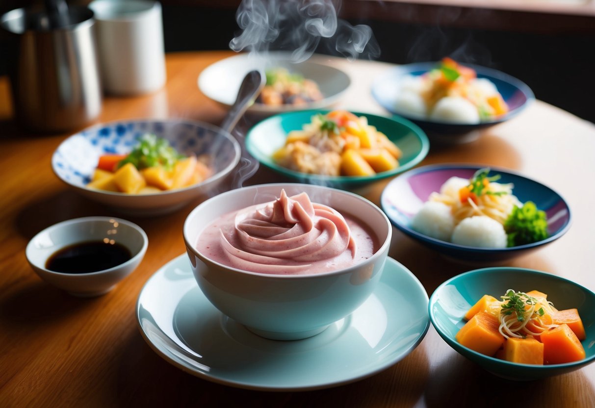 A table set with a steaming bowl of rose cream tteokbokki and a colorful naepong lunch promotion spread