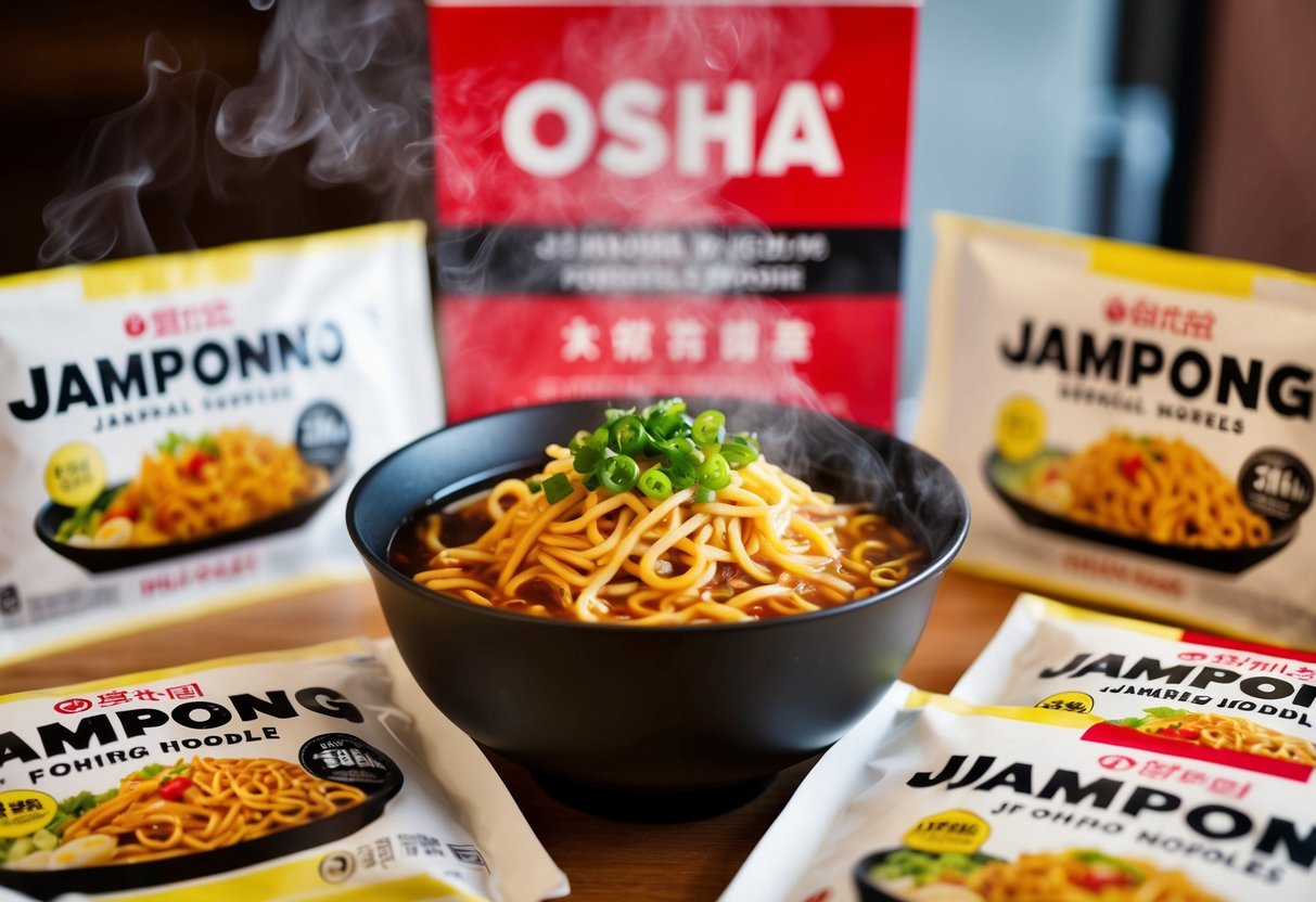A steaming bowl of Jjampong noodles surrounded by promotional signage