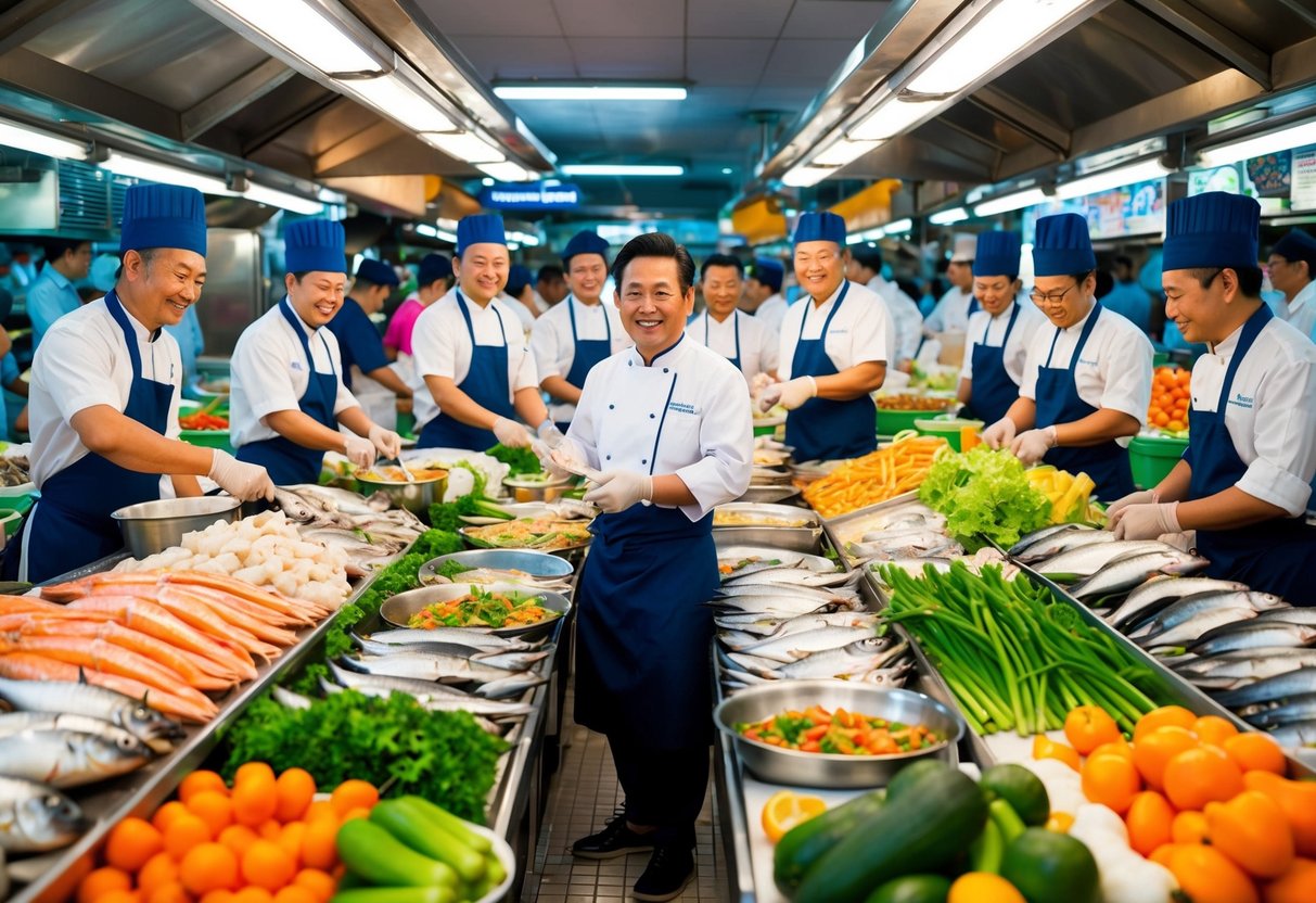 A bustling seafood market with colorful displays of fresh fish, shellfish, and vegetables, surrounded by cheerful customers and chefs preparing Al Ppomodoro and Nipong Naepong dishes