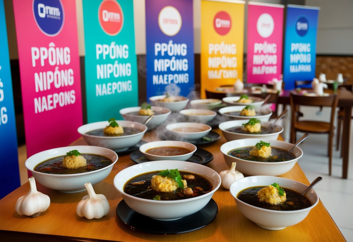 A table set with steaming bowls of garlic-infused Ppong Nipong Naepong, surrounded by colorful promotional banners