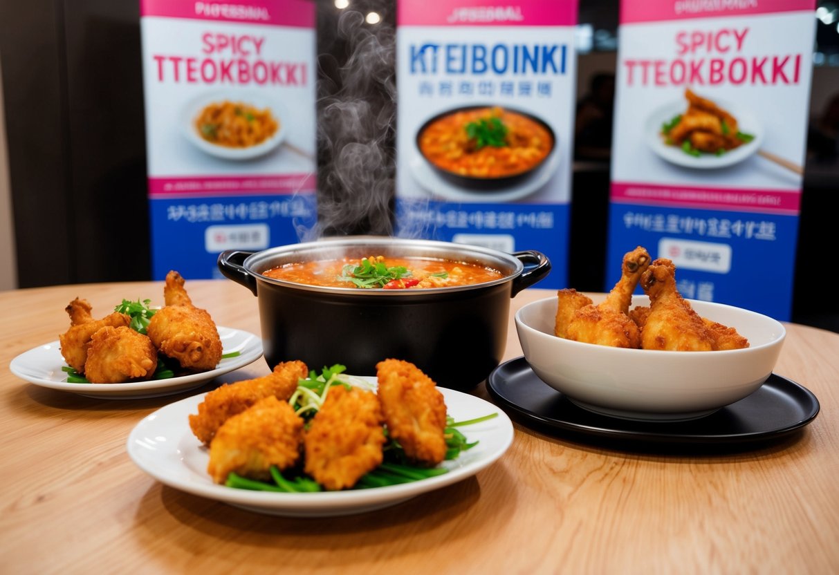 A steaming pot of spicy tteokbokki and a plate of crispy chicken on a table, with promotional banners in the background