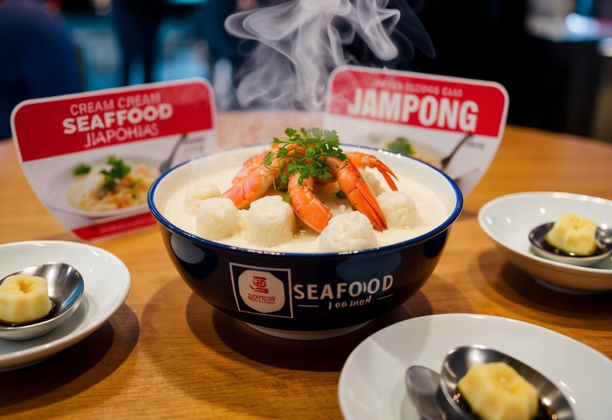 A steaming bowl of cream seafood jjampong surrounded by promotional signage