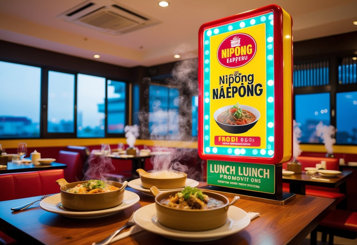 A colorful restaurant interior with steaming dishes on tables and a prominent sign advertising Nipong Naepong lunch promotions