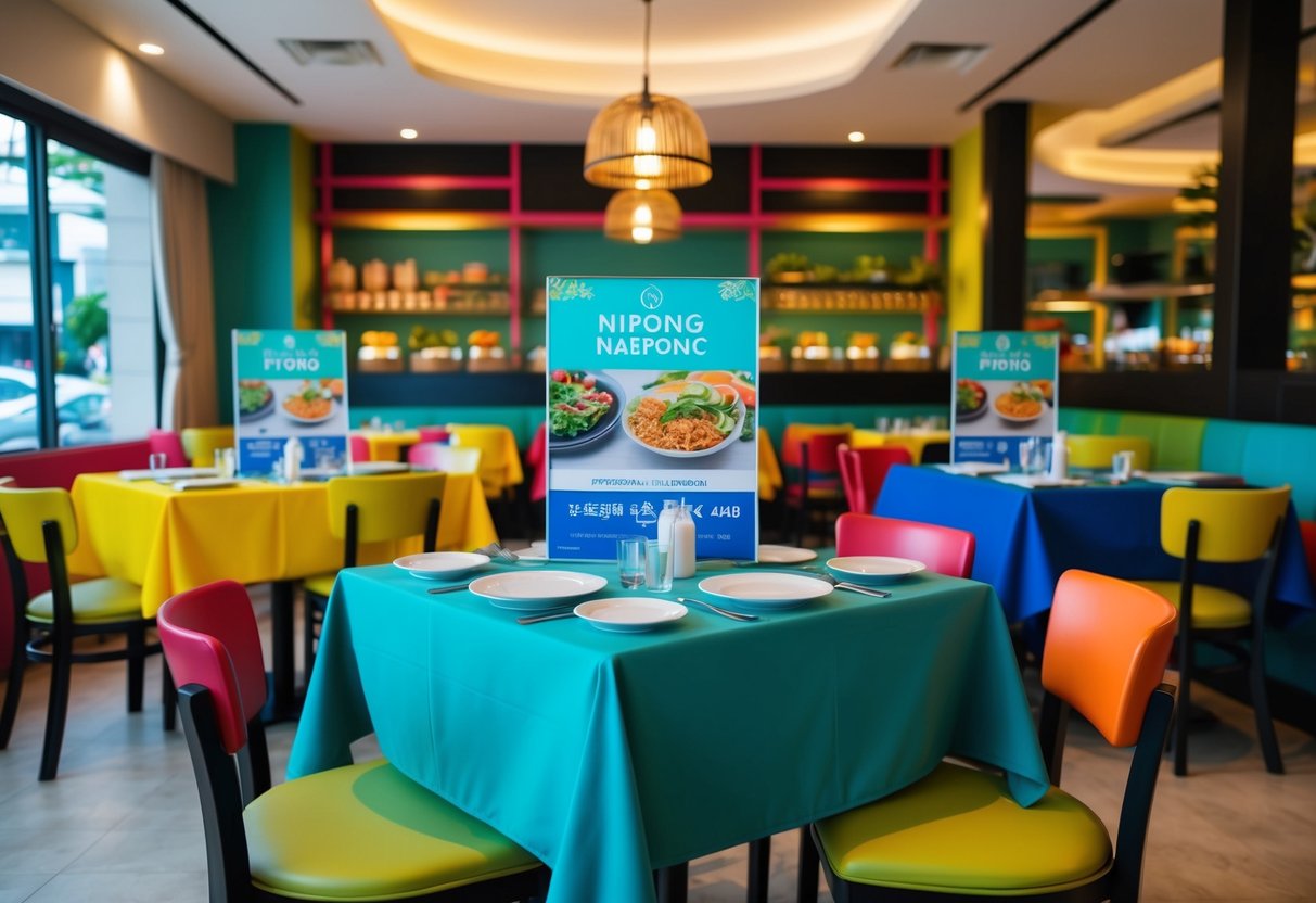 A colorful restaurant interior with tables set for lunch, featuring promotional displays for Nipong Naepong
