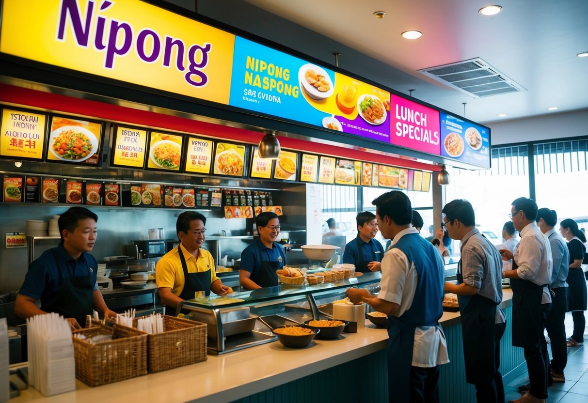A bustling restaurant with a colorful promotional display for Nipong Naepong lunch specials. Customers line up at the counter