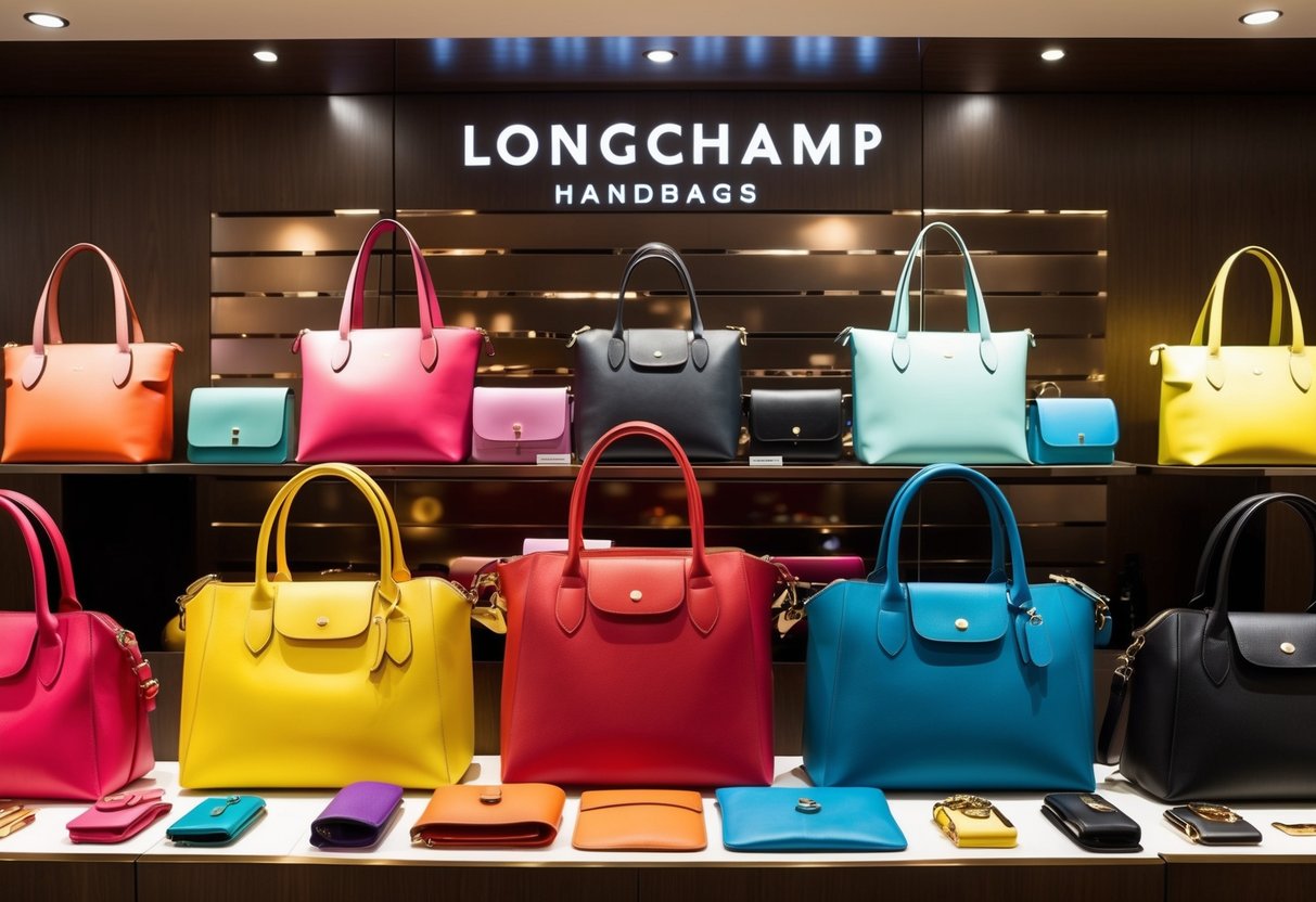 A colorful display of Longchamp handbags and accessories arranged in a stylish and inviting manner