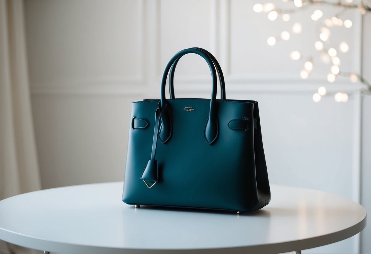 A sleek, minimalist handbag sits on a clean, modern table with a simple, elegant backdrop