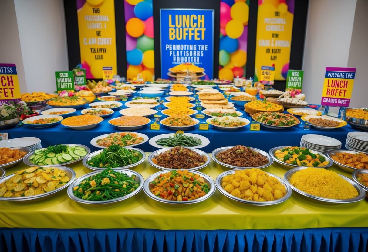 A colorful array of dishes and platters spread out on a long table, with vibrant signs and decorations promoting the lunch buffet