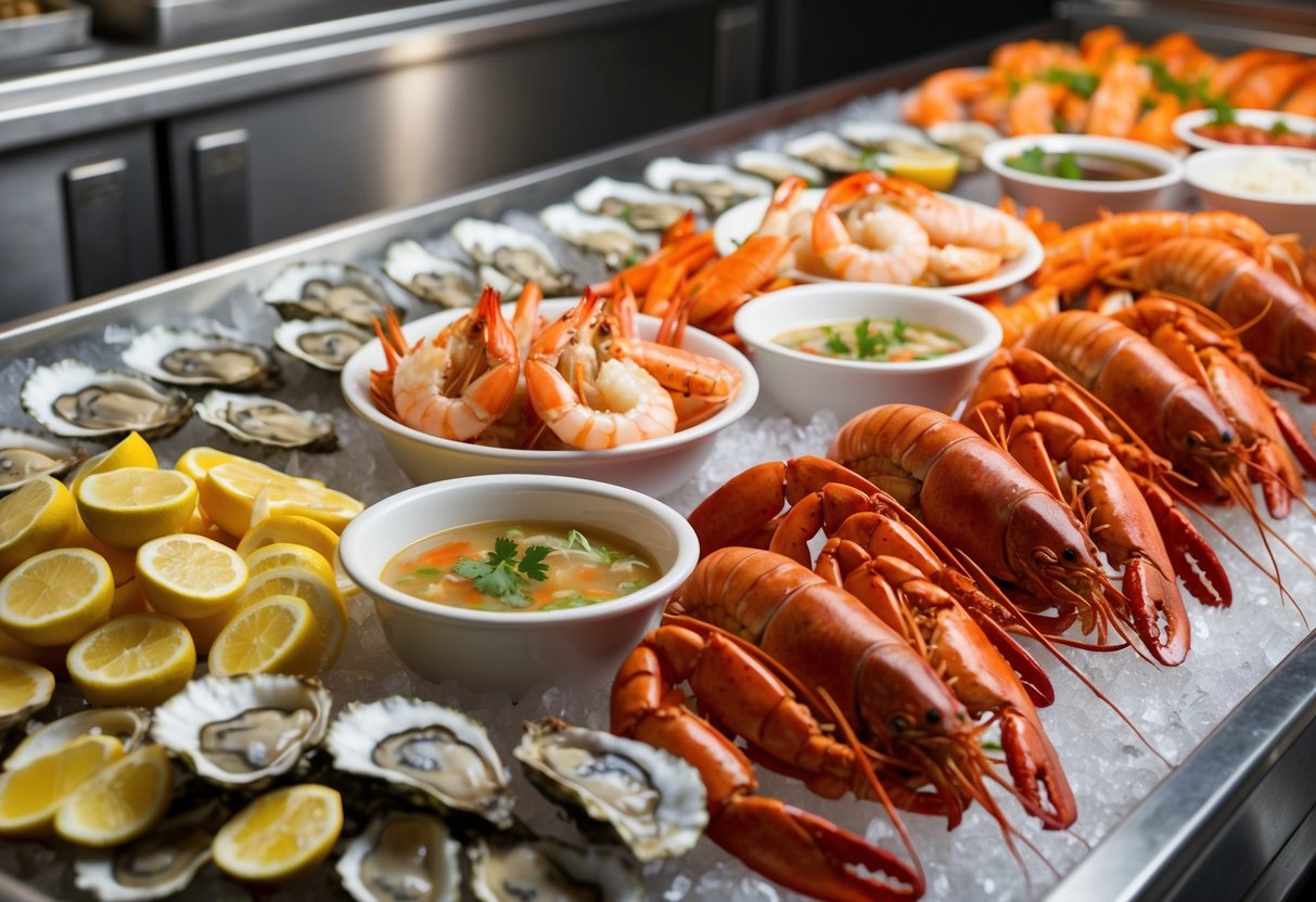A bountiful display of fresh seafood, including oysters, shrimp, crab legs, and lobster, arranged on ice at The Oyster Bay lunch buffet promotions