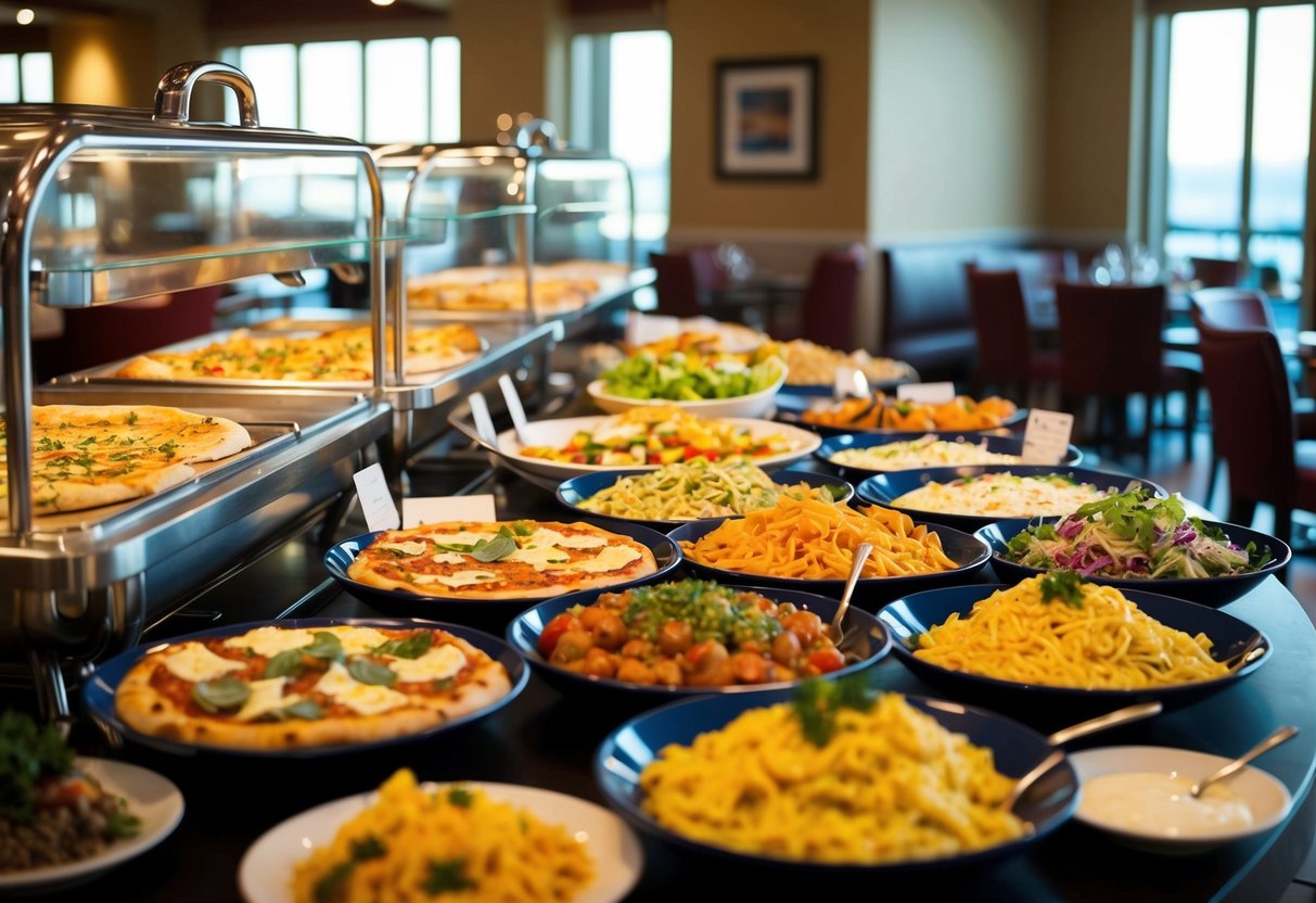 The bustling lunch buffet at Bella Roma features a colorful array of Italian dishes, from freshly baked pizzas to creamy pastas and vibrant salads