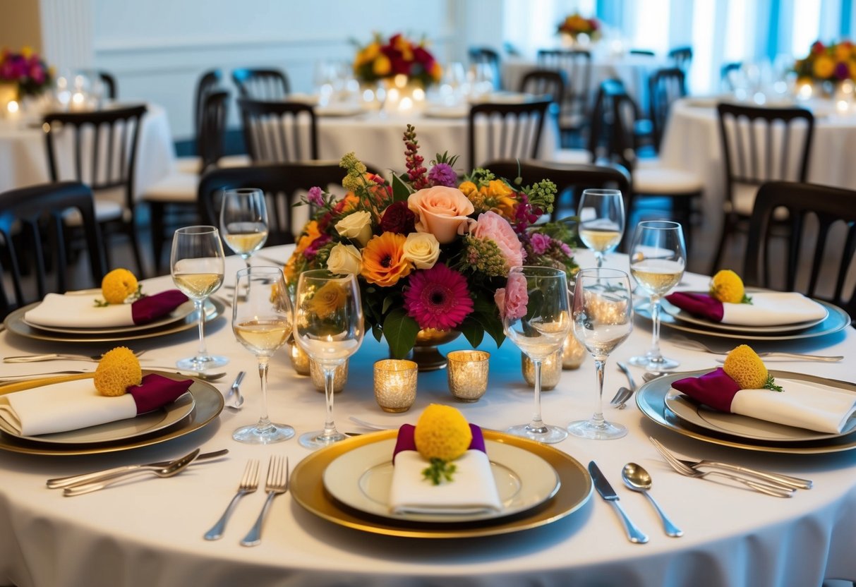 A beautifully set table with elegant place settings, surrounded by an array of delectable dishes and vibrant floral arrangements