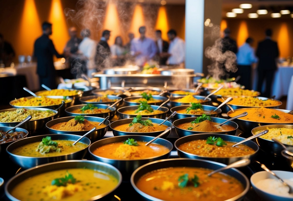 A colorful array of Indian curry dishes arranged on a buffet table at Spice Route, with aromatic steam rising from the spread