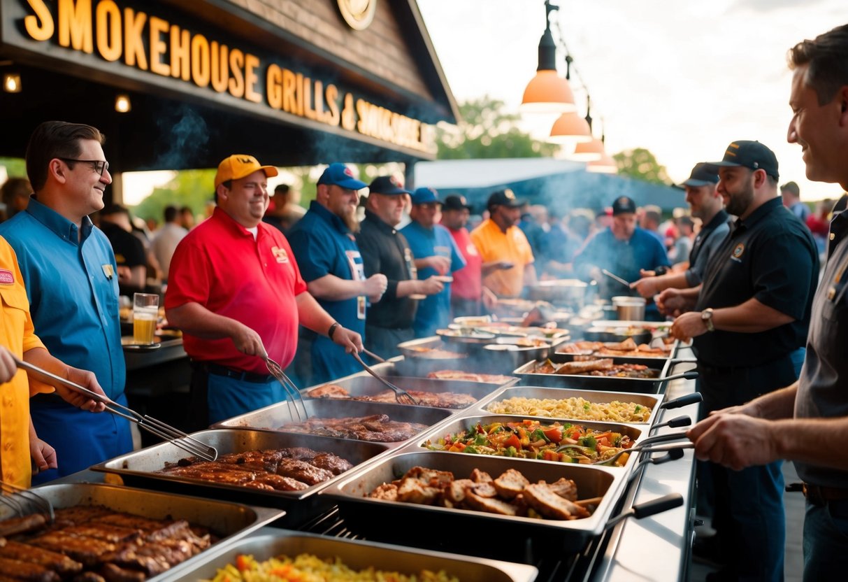 A bustling lunch crowd enjoys BBQ Bonanza at Smokehouse Grills, with sizzling grills, savory aromas, and a colorful array of dishes on the buffet line