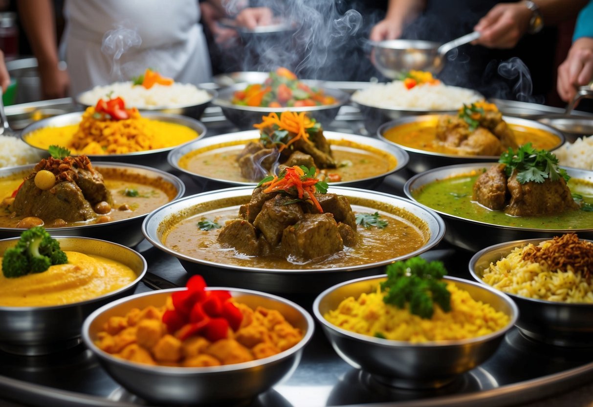 A colorful array of steaming curry dishes, surrounded by fragrant spices and vibrant garnishes, beckoning customers at The Curry Garden's lunch buffet