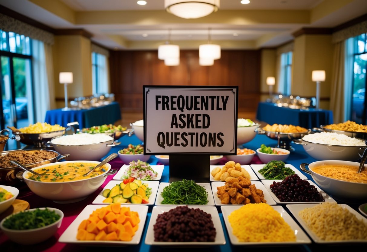 A colorful buffet spread with various dishes and a prominent "Frequently Asked Questions" sign displayed