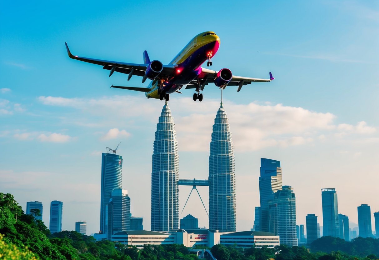 A vibrant airplane soaring over the iconic Petronas Towers, surrounded by lush greenery and a clear blue sky
