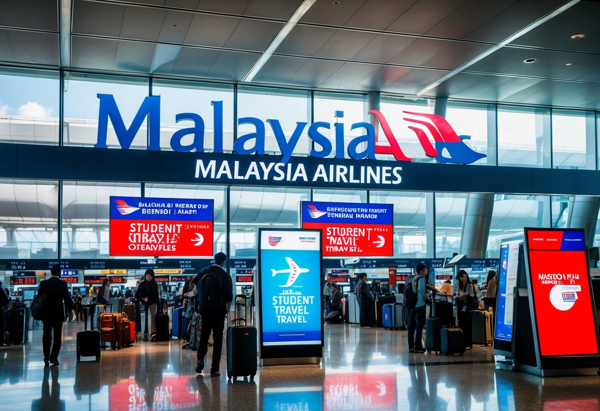 A bustling airport terminal with a prominent Malaysia Airlines logo and a display of student travel offers and promotions