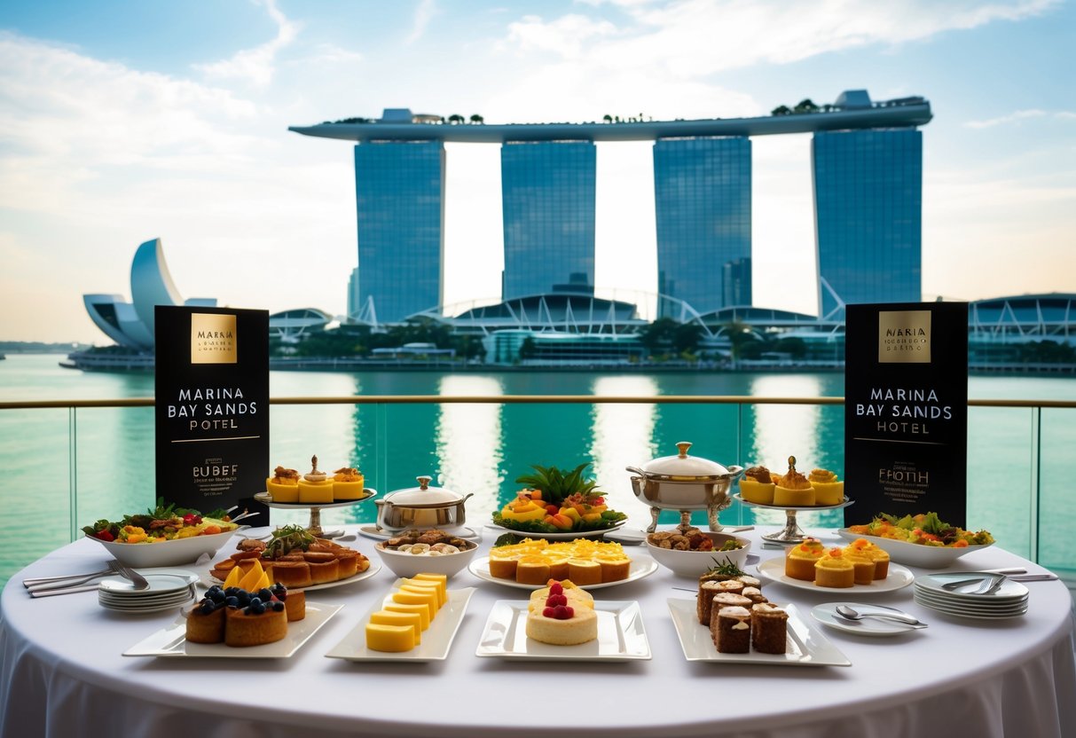 A lavish breakfast buffet spread at Marina Bay Sands Hotel, with a stunning view of the bay and promotional signage displayed