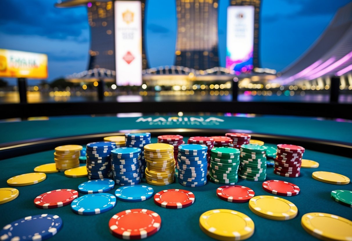 Colorful casino chips scattered on a sleek, modern table in the luxurious Marina Bay Sands hotel, surrounded by promotional signs and banners