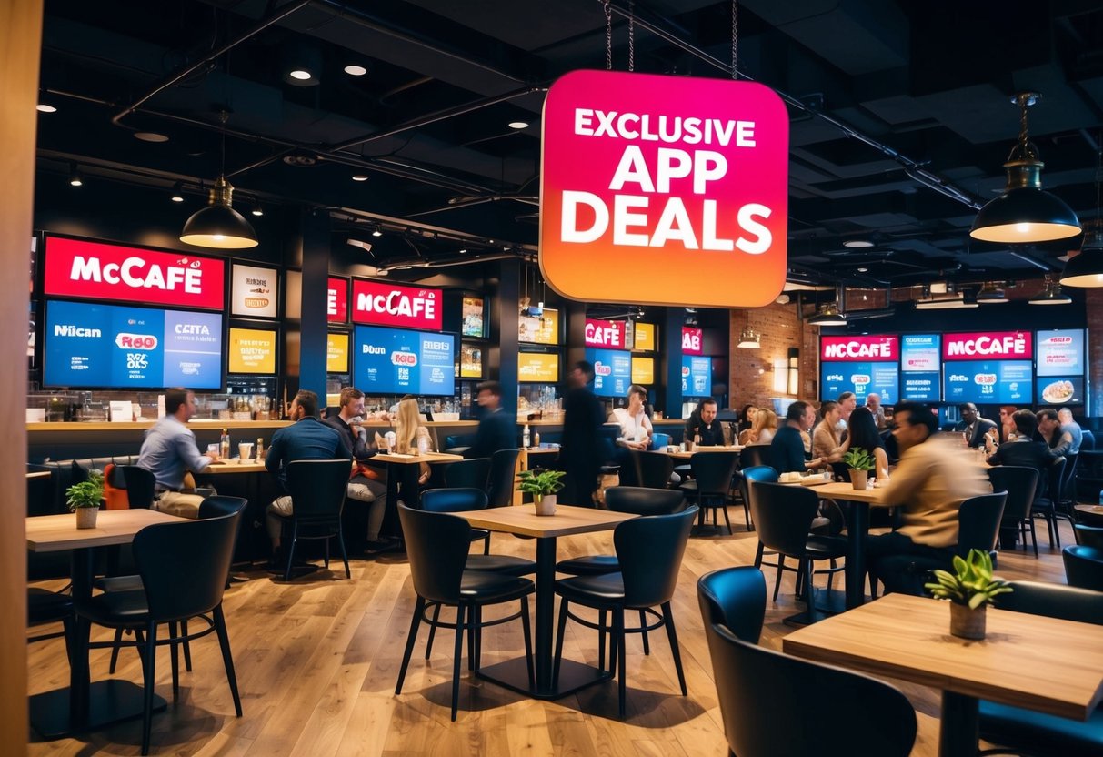A bustling cafe with a prominent "Exclusive App Deals" sign and various "mccafe promotions" displayed throughout the space