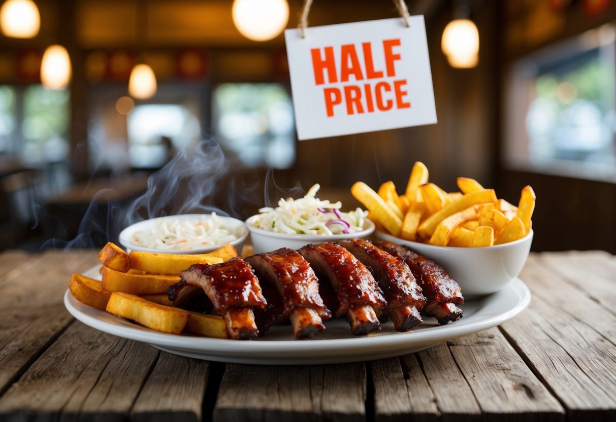 A steaming plate of ribs, fries, and coleslaw sits on a rustic wooden table, with a half-price sign hanging above