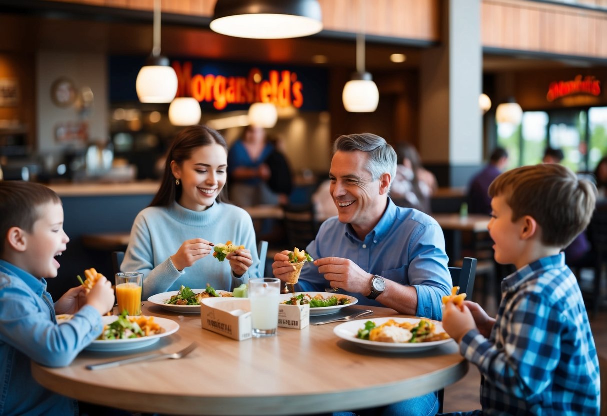 Families enjoying a meal together at Morganfield's on a Monday, with kids happily eating free meals