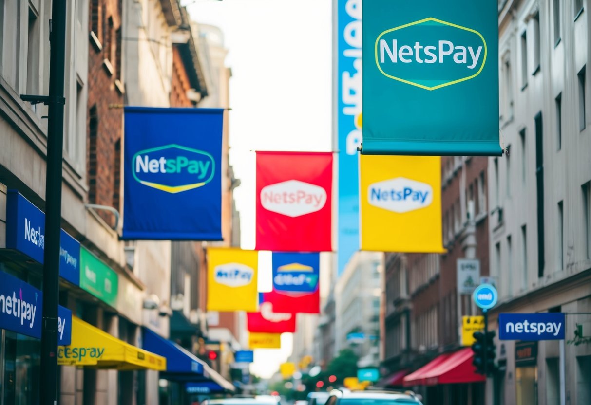 A vibrant city street with colorful banners and signs promoting Netspay