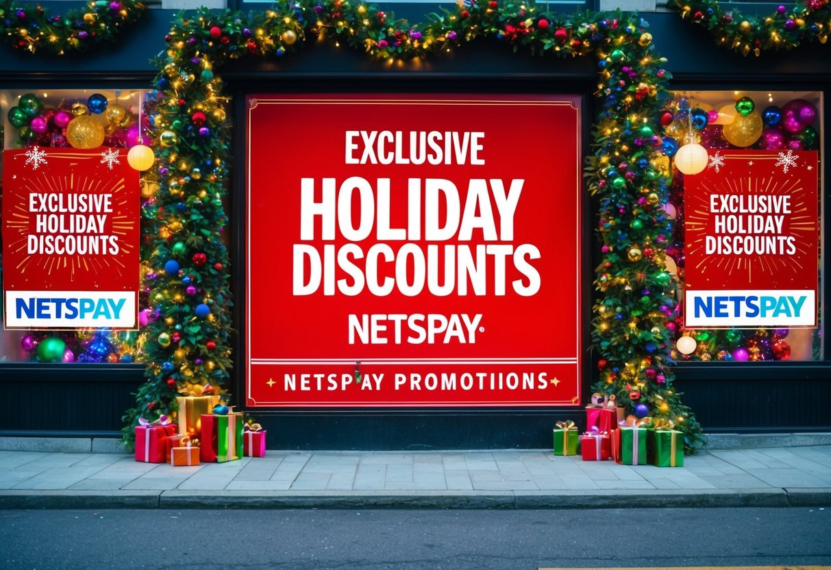 A festive storefront with a large sign advertising "Exclusive Holiday Discounts" and "netspay promotions" surrounded by colorful decorations and twinkling lights
