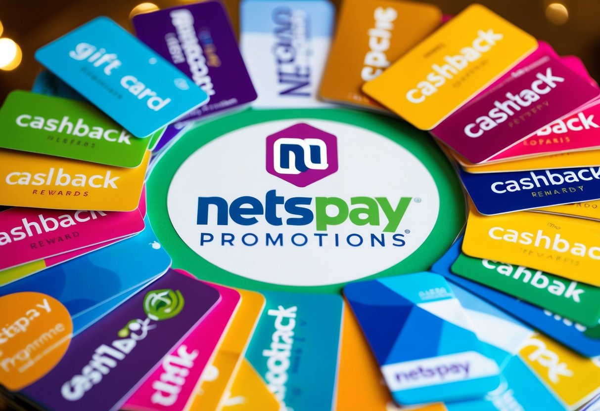 A colorful display of gift cards, discount vouchers, and cashback offers arranged around a central logo for the Loyalty Rewards Programme by Netspay Promotions