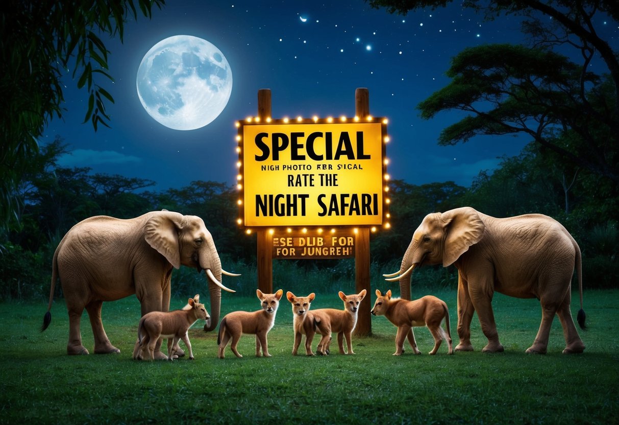 A family of animals gather around a glowing sign advertising special rates for the night safari. The moon and stars illuminate the jungle backdrop