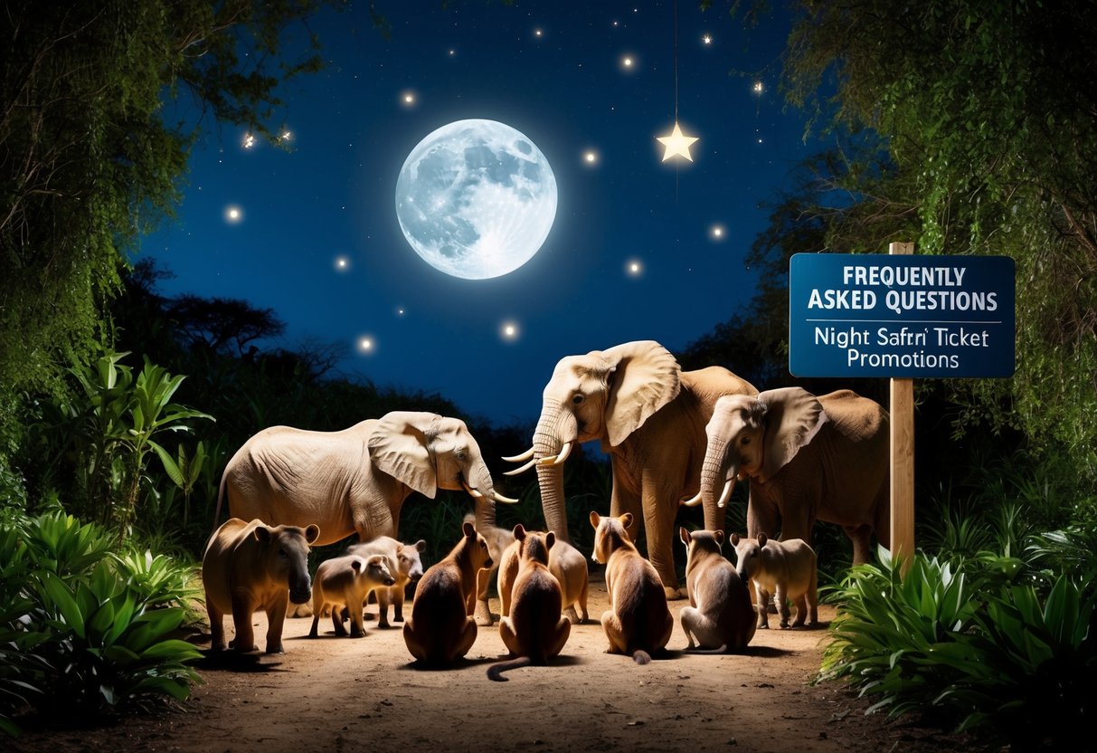 A group of animals gathered under the moonlight, surrounded by lush vegetation and twinkling stars. A signpost indicates "Frequently Asked Questions" about night safari ticket promotions