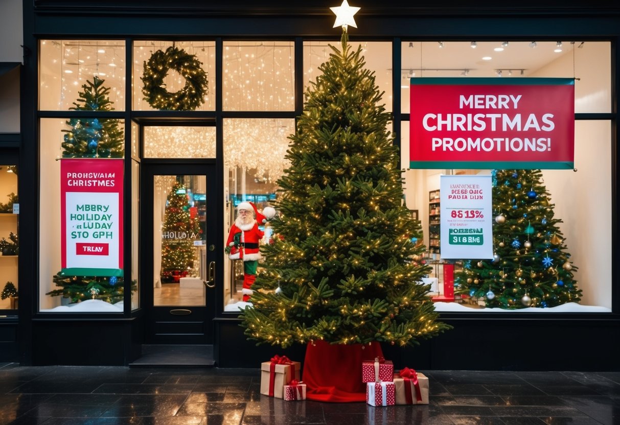 A festive storefront with twinkling lights, a giant Christmas tree, and a banner advertising holiday promotions