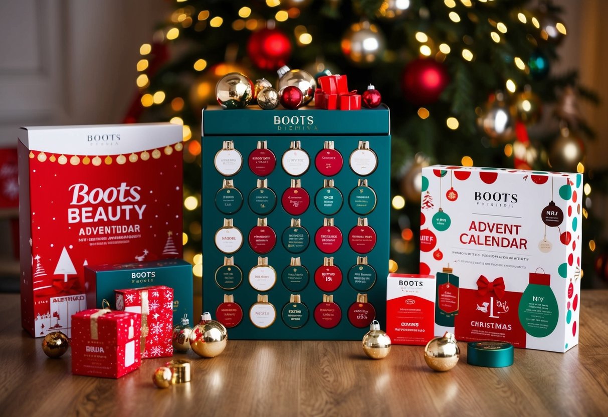 A festive display of Boots Beauty Advent Calendar surrounded by Christmas promotions