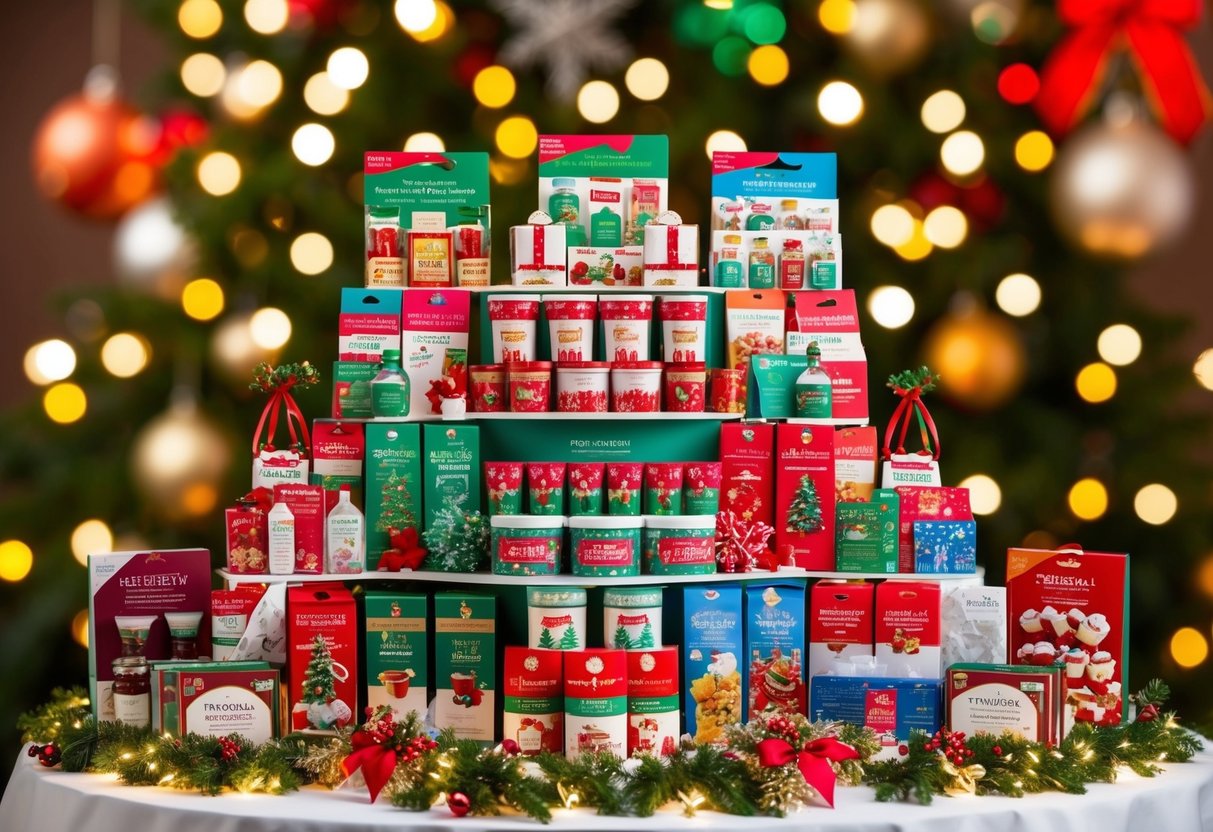 A festive display of holiday-themed products arranged in a cheerful and inviting manner, surrounded by twinkling lights and colorful decorations