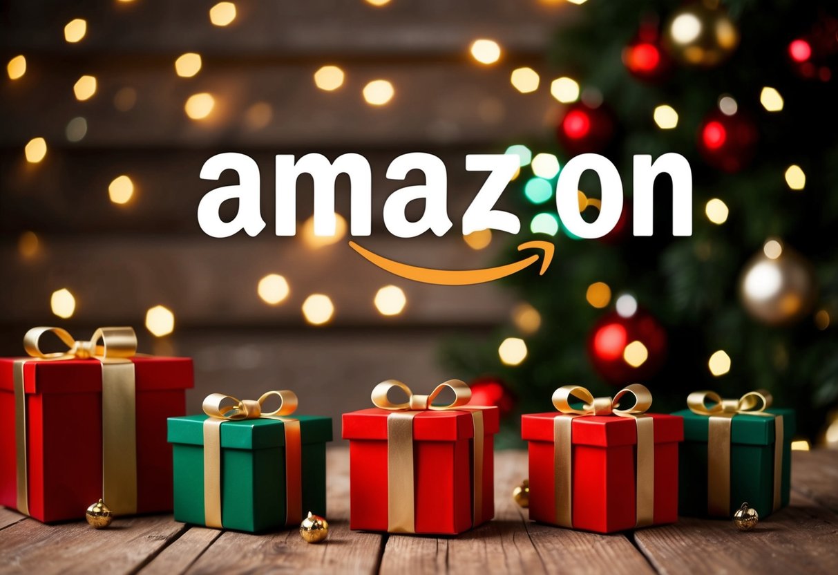 A festive scene with Amazon's logo and various holiday-themed products on sale