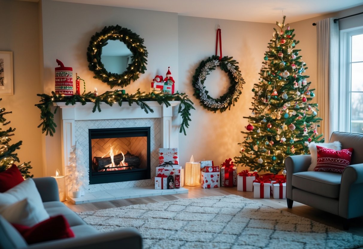 A cozy living room with a crackling fireplace, twinkling Christmas lights, and a festive display of holiday products and decorations