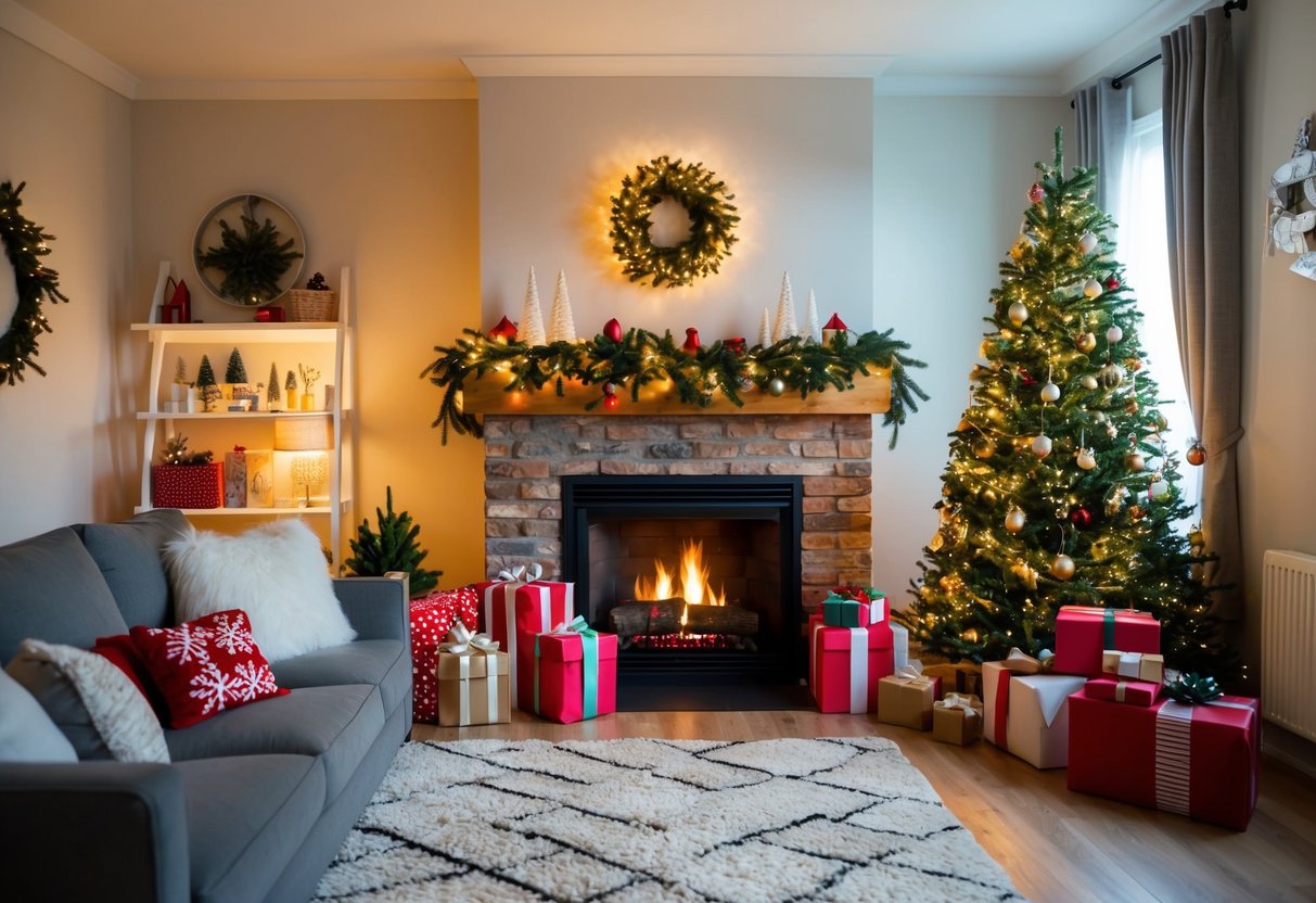 A cozy living room with a crackling fireplace, twinkling Christmas lights, and a festive holiday display of wrapped presents and seasonal decorations