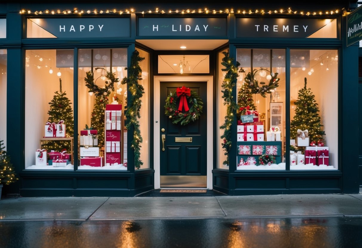 A festive storefront with twinkling lights, a wreath-adorned door, and a display of holiday-themed products