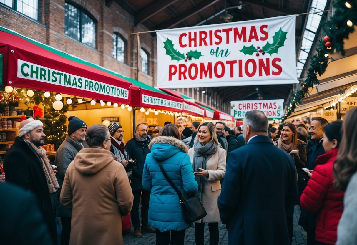 A festive holiday market with a banner advertising "Christmas Promotions" and a crowd of people asking questions