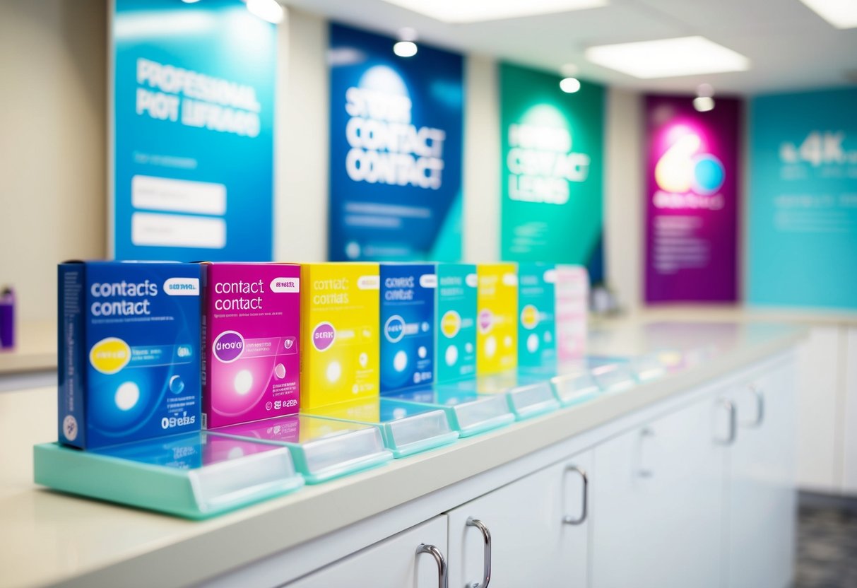 A display of colorful contact lens packages arranged in a clean, well-lit setting with promotional signage
