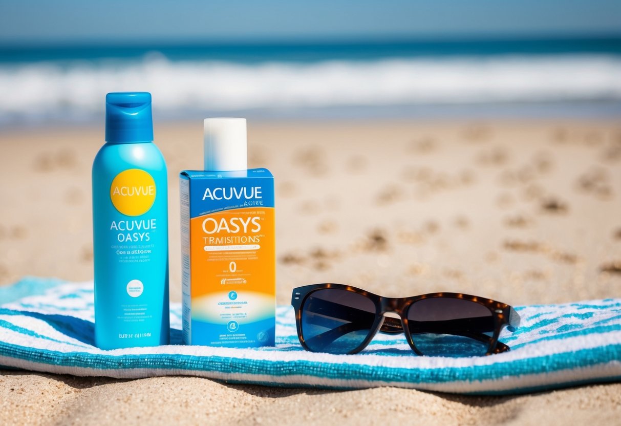 A sunny beach with a pair of sunglasses on a towel, next to a bottle of sunscreen and a box of Acuvue Oasys with Transitions contact lenses