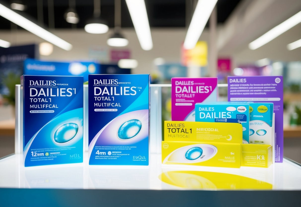 A bright and modern display showcasing Dailies Total1 Multifocal contact lenses with vibrant promotional materials and eye-catching packaging