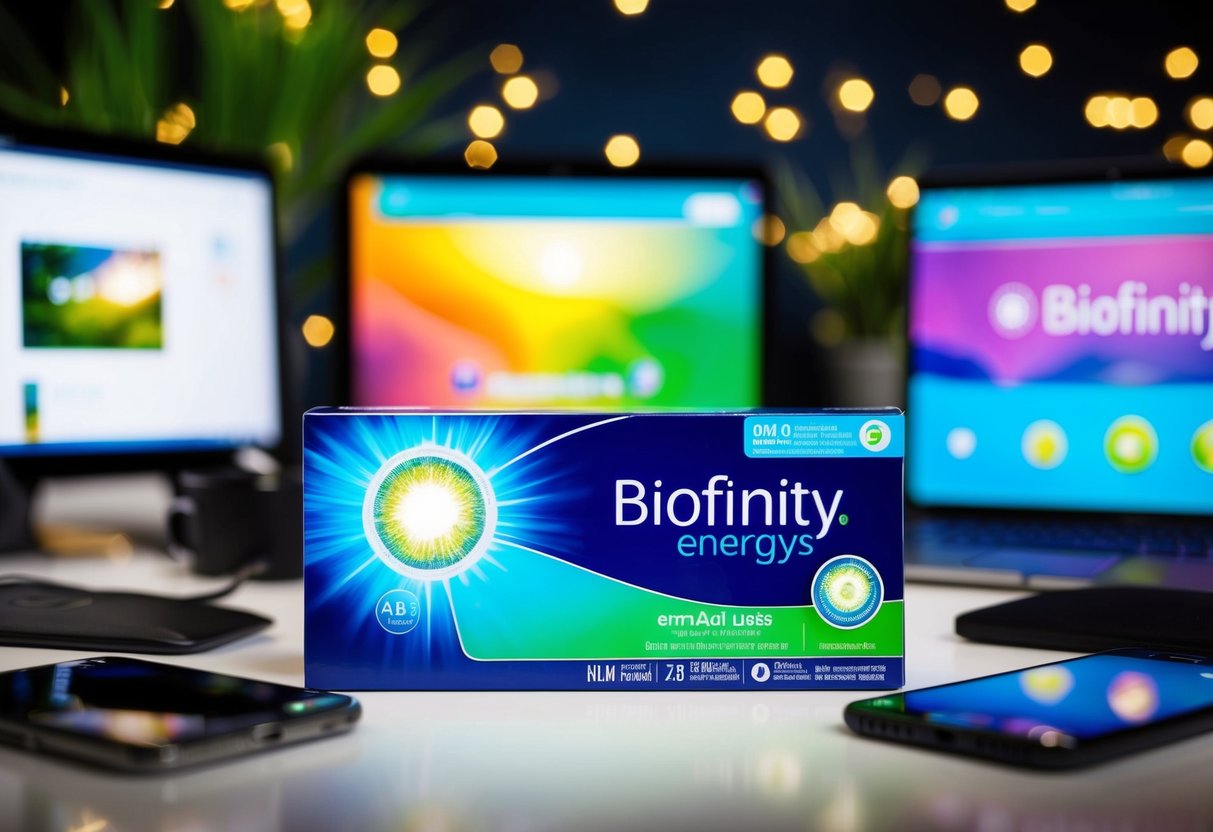 A vibrant display of Biofinity Energys contact lenses surrounded by digital devices and energy-boosting imagery