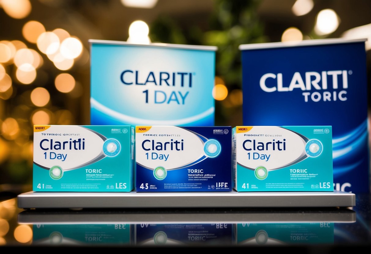 A display of Clariti 1 Day Toric contact lenses with promotional banners and packaging