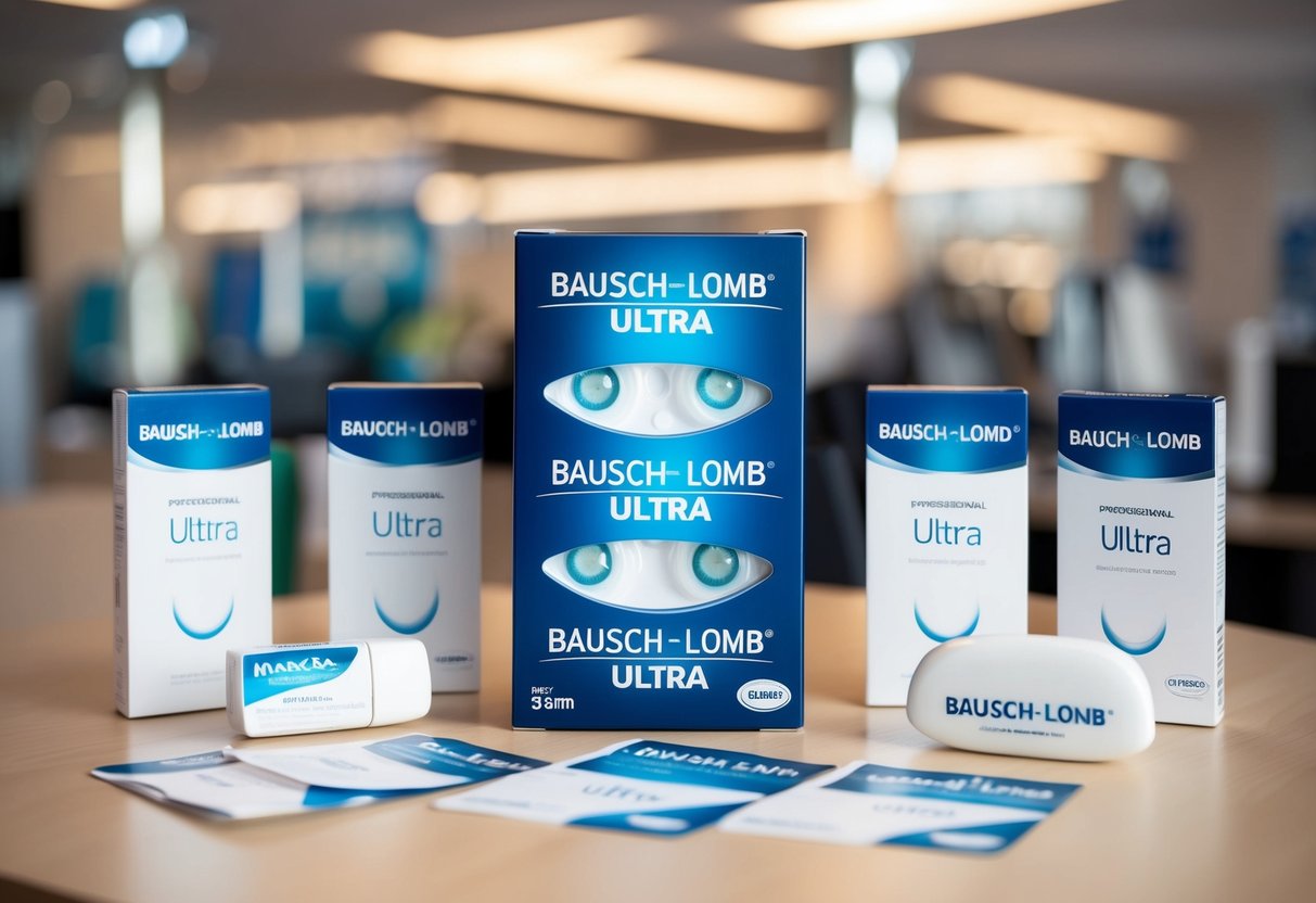 A display of Bausch + Lomb ULTRA contact lenses surrounded by promotional materials and eye care products