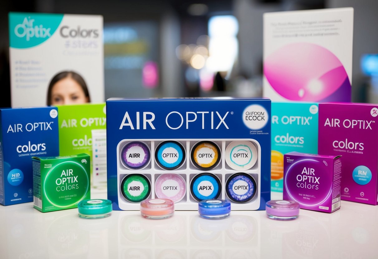A display of Air Optix Colors contact lenses in various vibrant shades, surrounded by promotional materials and eye-catching visuals