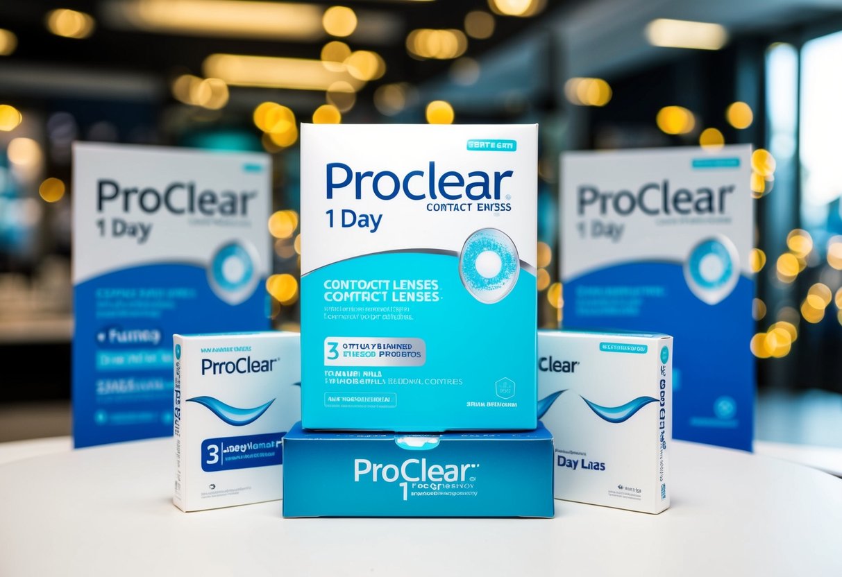 A display of Proclear 1 Day contact lenses surrounded by promotional banners and posters