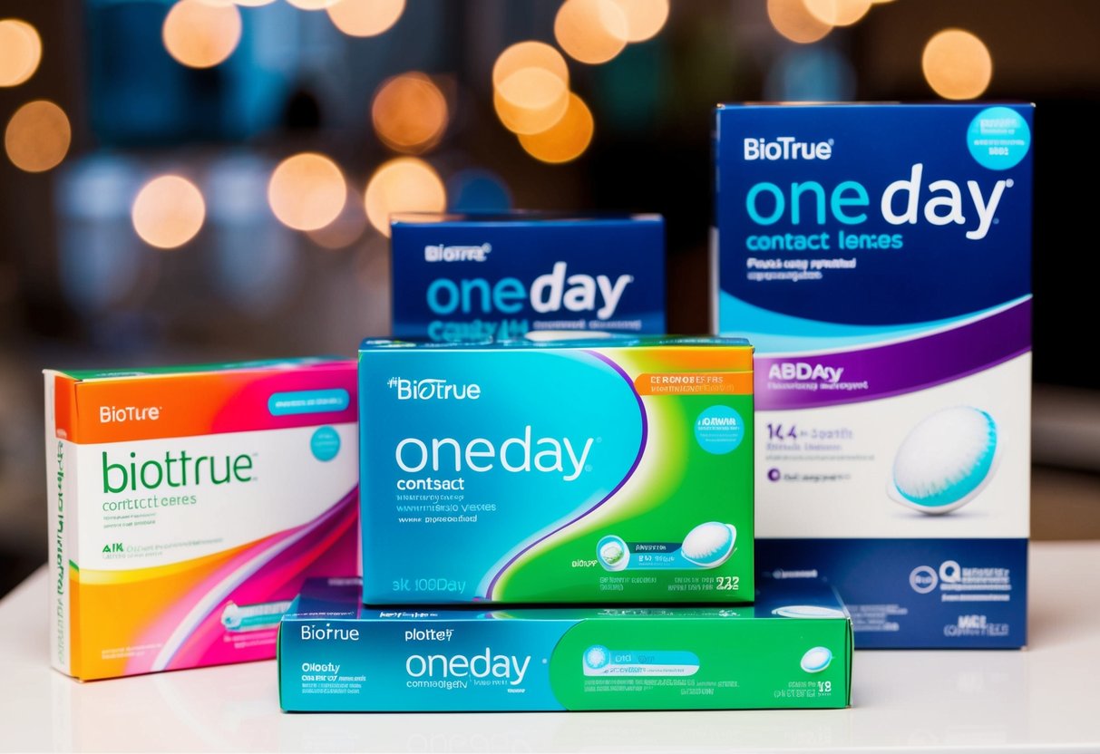 A display of Biotrue ONEday contact lenses with vibrant packaging and promotional materials