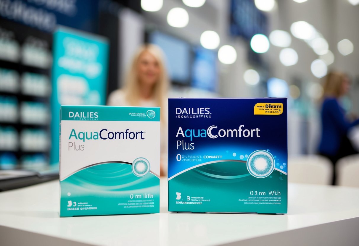 A display of Dailies AquaComfort Plus contact lenses with promotional materials and packaging